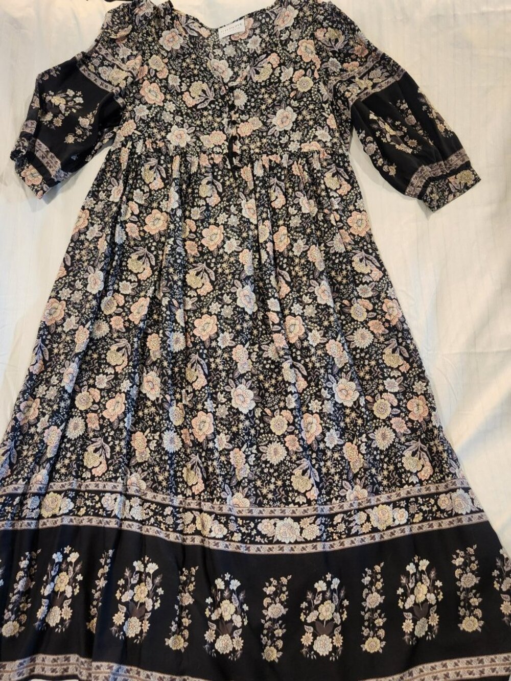First Love by Lovelyn Black Floral Border Print Babydoll Maxi Dress Medium